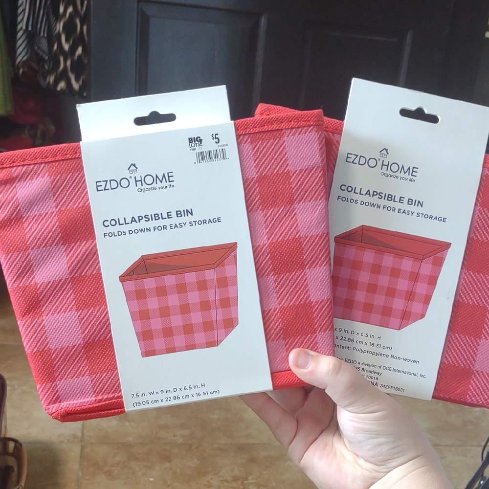 2 Red Flannel Collapsible Storage Bins